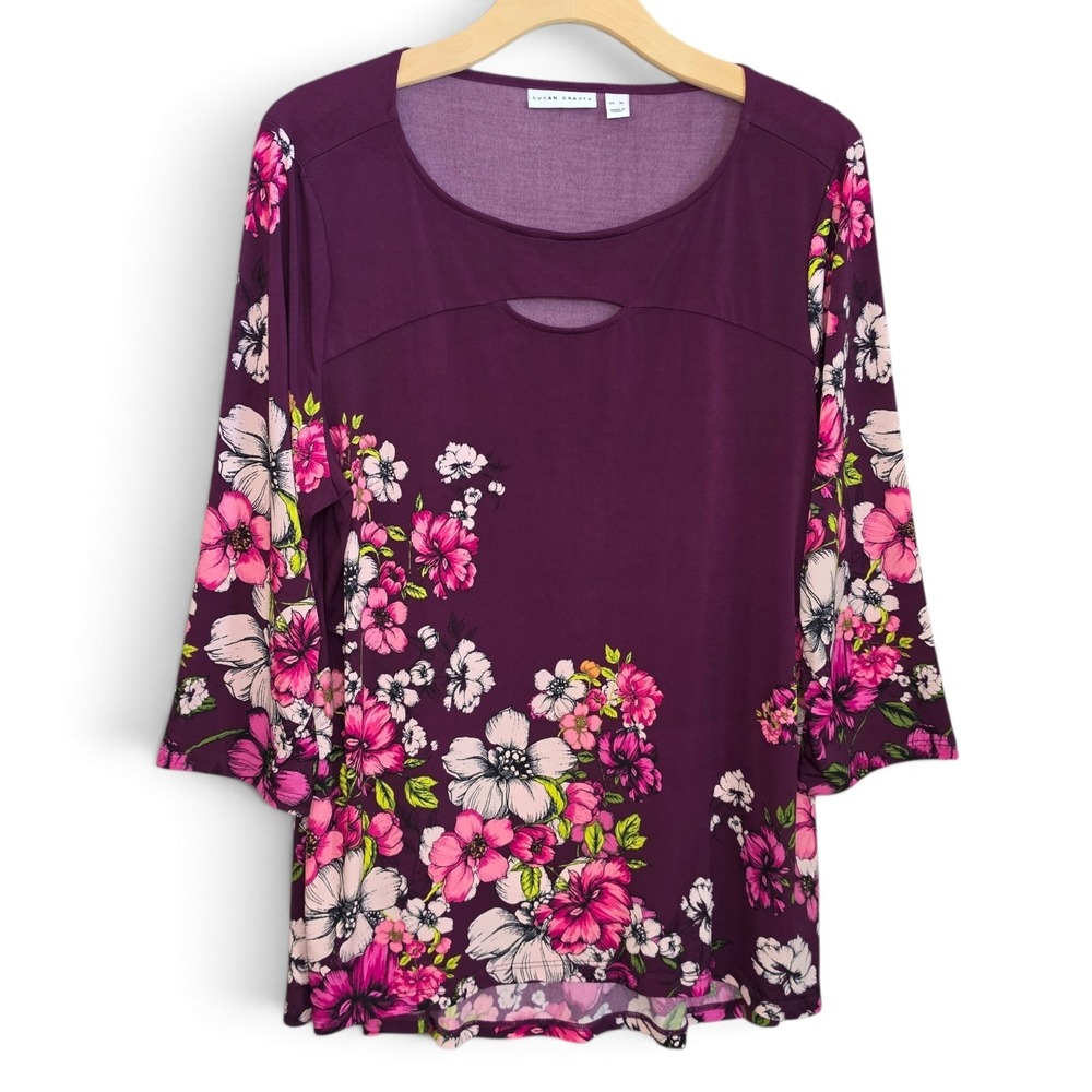 Susan Graver Top Womens XL Purple Liquid Knit Floral Cutout 3/4 Sleeve Blouse